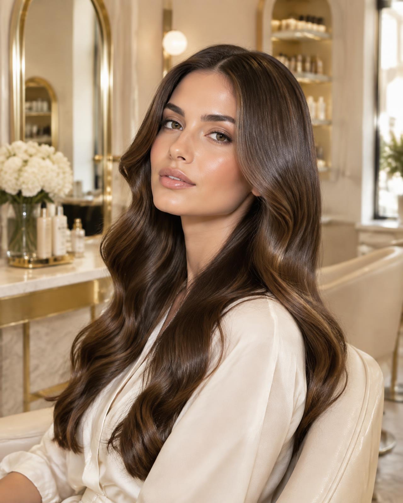 Elegant woman with flawless hair at Divine Beauty salon